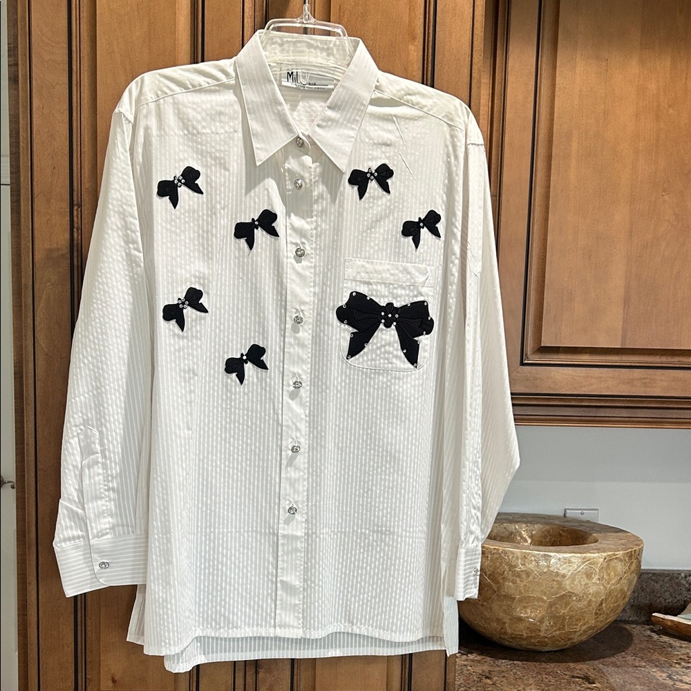 Women's White Button Down Shirt with Black Bow & rhinestone Accents